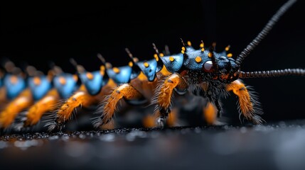 A close up of a colorful bug with orange and blue markings