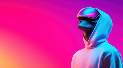 Futuristic cyberpunk aesthetic with person in glowing hoodie and vr headset
