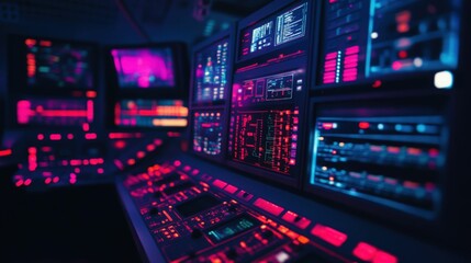 Obraz premium Futuristic cyberpunk control room with neon lights and high tech displays