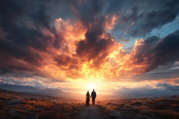Fototapeta premium Couple walks hand in hand towards a breathtaking sunset on a serene landscape with vibrant clouds illuminating the sky. Generative AI