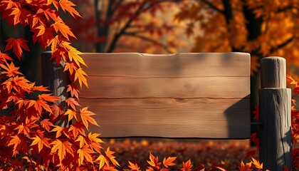 Rustic Wooden Sign with Vibrant Autumn Maple Leaves, Perfect for Fall Greeting Cards or Seasonal Announcements.  Copy space for your message.  Warm, inviting autumnal atmosphere, ideal for holiday des