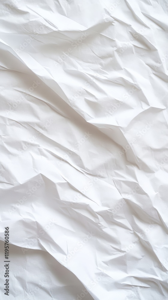 Poster Crumpled white paper creates an abstract textured background, offering a unique surface with folds and wrinkles, suitable for various design applications