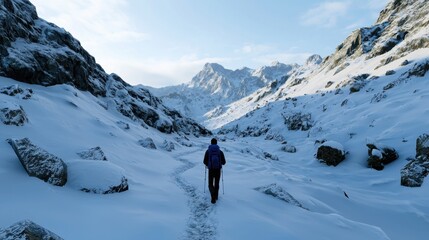 A man is walking through a snowy mountain pass