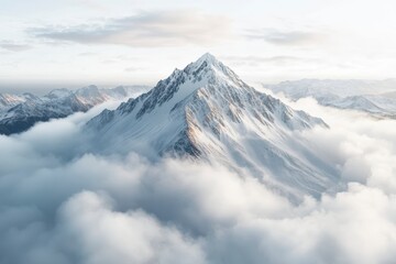 Majestic snow-capped mountain emerging from wispy clouds at dawn, illuminating the vast wilderness below with soft light. Generative AI