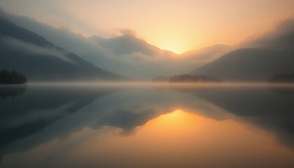 Serene Sunrise over Misty Mountain Lake: Peaceful Landscape for Greeting Cards