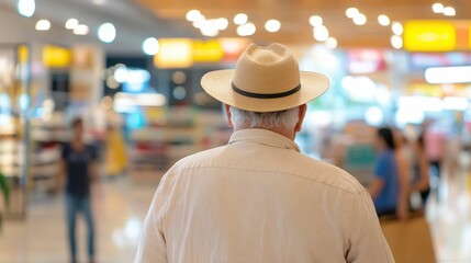 Elderly man in hat shopping in mall exploring fashion choices