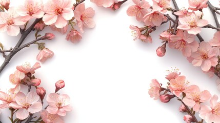 Obraz premium Pink cherry blossoms on white background with delicate branches and petals