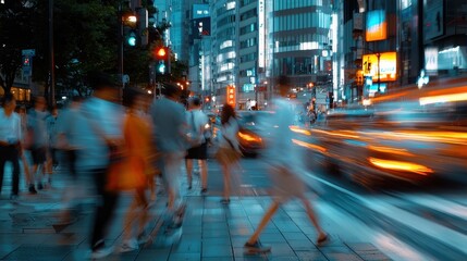 A blurry photo of a busy city street with people walking and cars driving