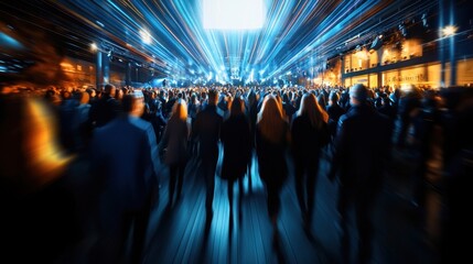 A crowd of people are walking down a street