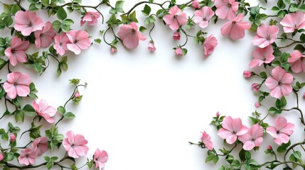 Obraz premium Pink hibiscus flowers with green leaves on white background