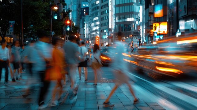 A blurry photo of a busy city street with people walking and cars driving