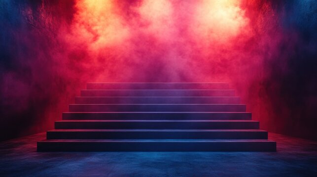 Dramatic Scene of Dark Staircase with Colorful Smoke Lighting, Adding Atmosphere and Depth to a Mysterious Setting for Creative Projects and Artworks