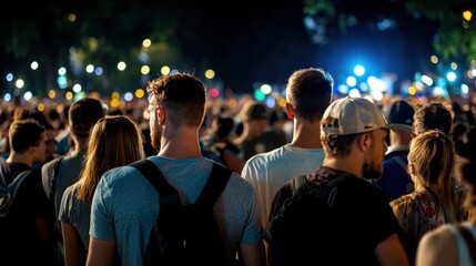 Naklejka premium A large crowd of people are standing in a dark area, with some wearing backpacks