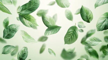 Fresh green leaves falling gracefully in soft focus