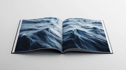 Open book with ocean waves on pages in minimalist setting
