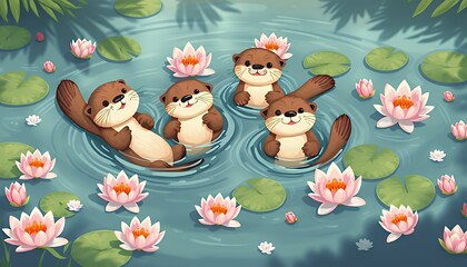 Fototapeta premium Three adorable otters playfully swimming amongst pink water lilies in a serene pond, perfect for a whimsical greeting card design with ample copy space.