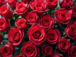 Obraz premium Natural fresh wallpaper with a pattern of roses of different colors. Top view. Holiday concept, Valentine's Day, Birthday, Mothers day