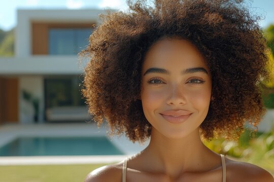 A joyful biracial mother holds her daughter and smiles at her in a sunny garden