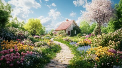 Charming cottage surrounded by vibrant spring garden with flowers and tree