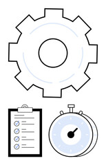 Gear symbolizing efficiency, checklist for tasks, stopwatch conveying time management. Ideal for workflow planning, goal setting, efficiency, deadlines, processes, productivity abstract line flat