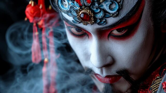 Iconic performers present a captivating traditional Chinese opera, featuring elaborate makeup and dynamic expressions. The atmosphere is charged with cultural significance and artistry.