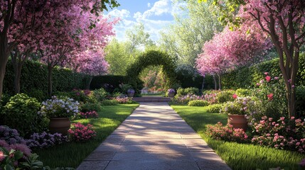 Obraz premium Beautiful garden pathway surrounded by lush pink blossoms in springtime