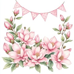 Naklejka premium Beautiful watercolor illustration of pink magnolia flowers adorned with a decorative banner, perfect for spring themes.