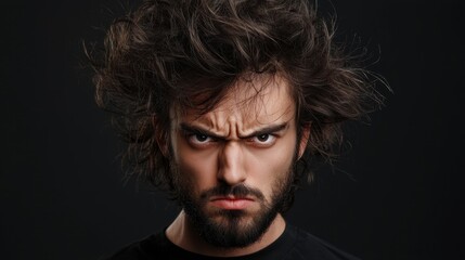 Fototapeta premium A man with a beard and messy hair is looking angry