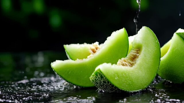 Juicy green melon slices are dropped into water, producing a splash that enhances the vibrant colors and fresh feeling, perfect for summer refreshment ideas.