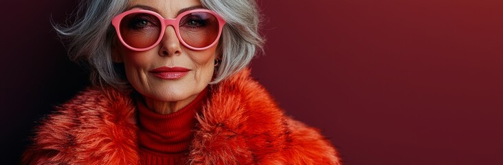 An elegant mature woman with platinum blonde hair, wearing pink sunglasses and a magenta leather jacket, poses against a purple background. Horizontal banner for March 8 © typepng