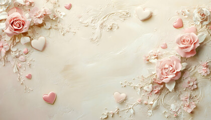 Soft, delicate pink & beige romantic three-dimensional background with hearts & roses; romanticism, historical romance novel book cover concept