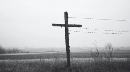 Weathered wooden cross stands alone in a foggy field, behind barbed wire fence.