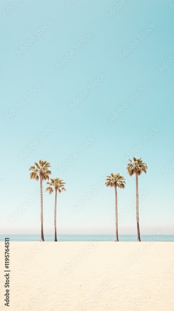 Poster four palm trees are growing on a tropical sandy beach with calm ocean and clear blue sky in the back