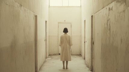 Fototapeta premium Woman in long robe stands barefoot in a long, empty hallway.
