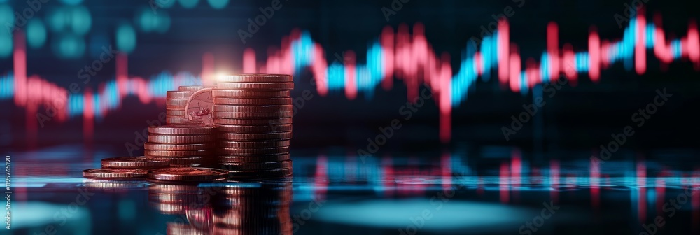 Poster stack of coins suggesting increasing profits with colorful stock market data graph showing both risi