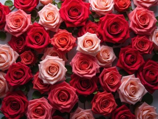 Naklejka premium Natural fresh wallpaper with a pattern of roses of different colors. Top view. Holiday concept, Valentine's Day, Birthday, Mothers day