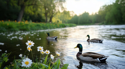 Three ducks are swimming in a river with a field of flowers on the bank