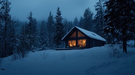 A cozy cabin in the woods with a fireplace and a view of the snow-covered trees