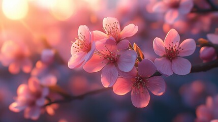 Serene pink cherry blossoms at sunset with warm glowing light