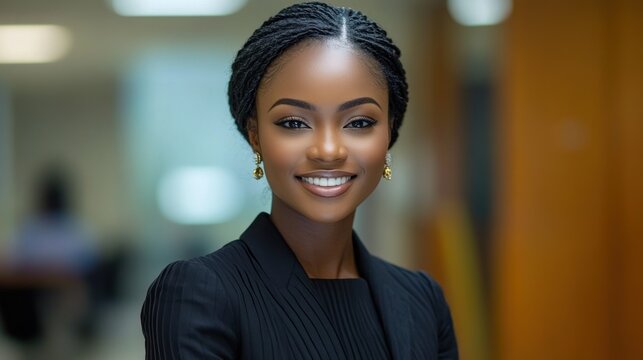 Professional woman smiling confidently in an office setting, with blurred colleagues in the background - Powered by Adobe