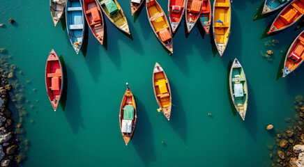 Colorful boats on turquoise water. Aerial view of traditional wooden boats moored in the harbor.