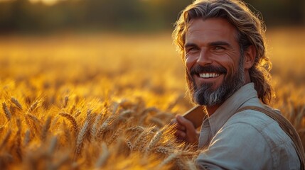 Smiling man with long hair in a golden wheat field during sunset, capturing a moment of joy