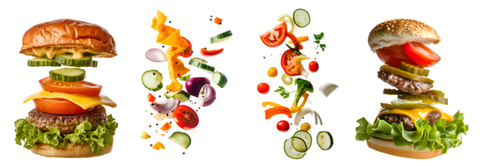 Collection set of deconstructed burger and ingredients flying, cheeseburger, hamburger, lettuce, tomato cheese, patties on transparent cutout PNG. Many different flavour. Mockup template for design.
