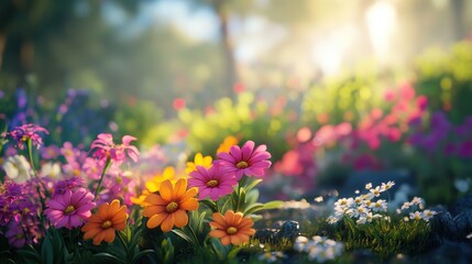 Vibrant spring meadow with sunlit wildflowers in bloom