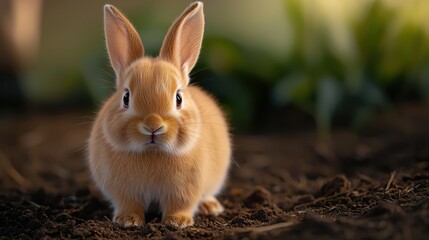 Fototapeta premium A small brown rabbit is standing in the dirt