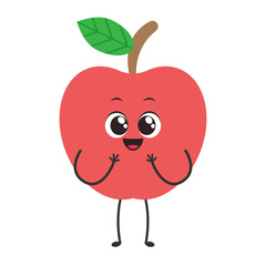 Happy Red Apple Cartoon:  A charming red apple with a bright, friendly smile, big eyes, and tiny legs.