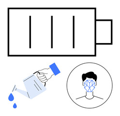Battery outline, hand holding watering can with drops, human head with geometric lines. Ideal for energy levels, motivation, self-care, sustainability, mental health, balance abstract line flat
