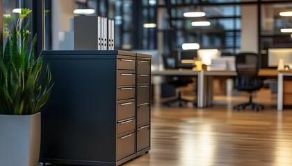 Stylish filing cabinet office storage in empty office after hours
