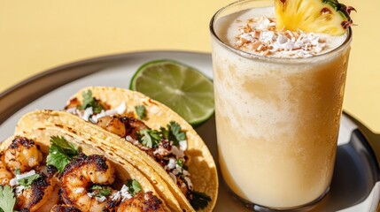 Creamy pina colada cocktail served with shrimp tacos on a vibrant yellow background during a sunny outdoor gathering