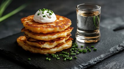 Frosty shot glass of vodka served with crispy potato pancakes topped with sour cream and chives on a black slate dish